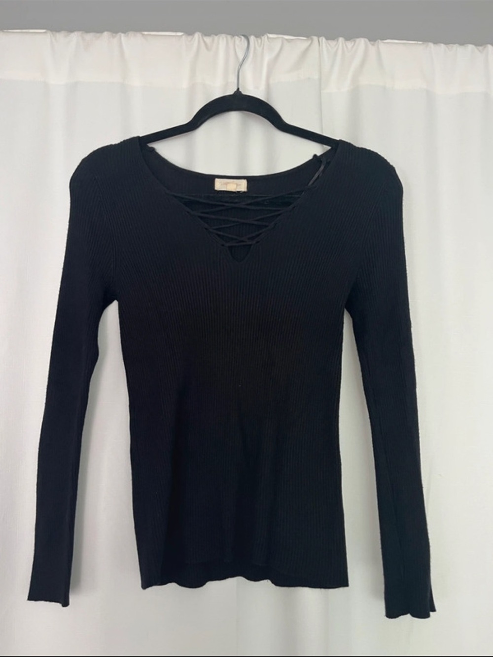 Ambiance Black Ribbed Lace-Up Long Sleeve Top